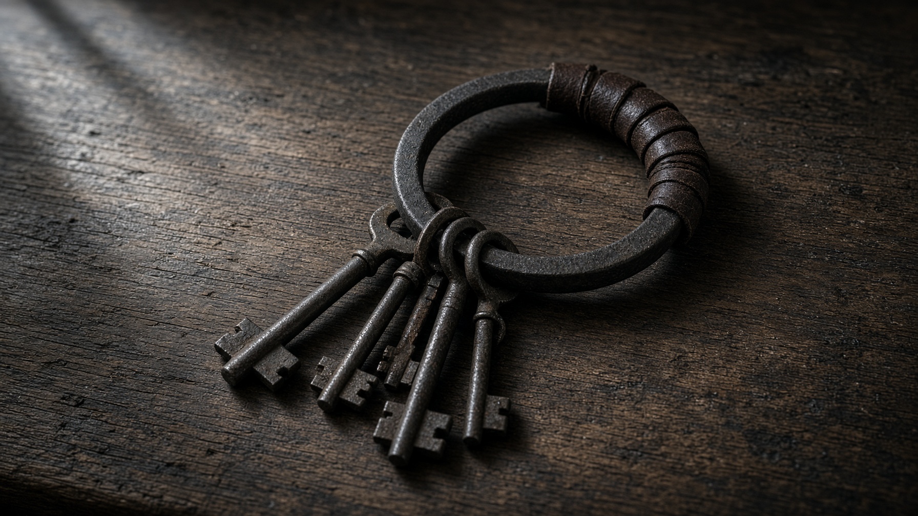 A ring of iron keys wrapped in dark leather
